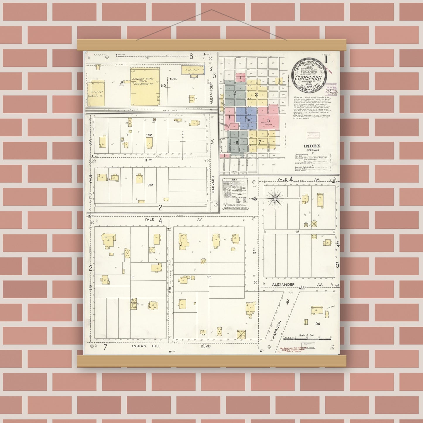 Old map wall art mockup — magnetic wood frame on brick wall — Sanborn Fire Insurance Map from Claremont, Los Angeles County, California (1909), Sheet #0001