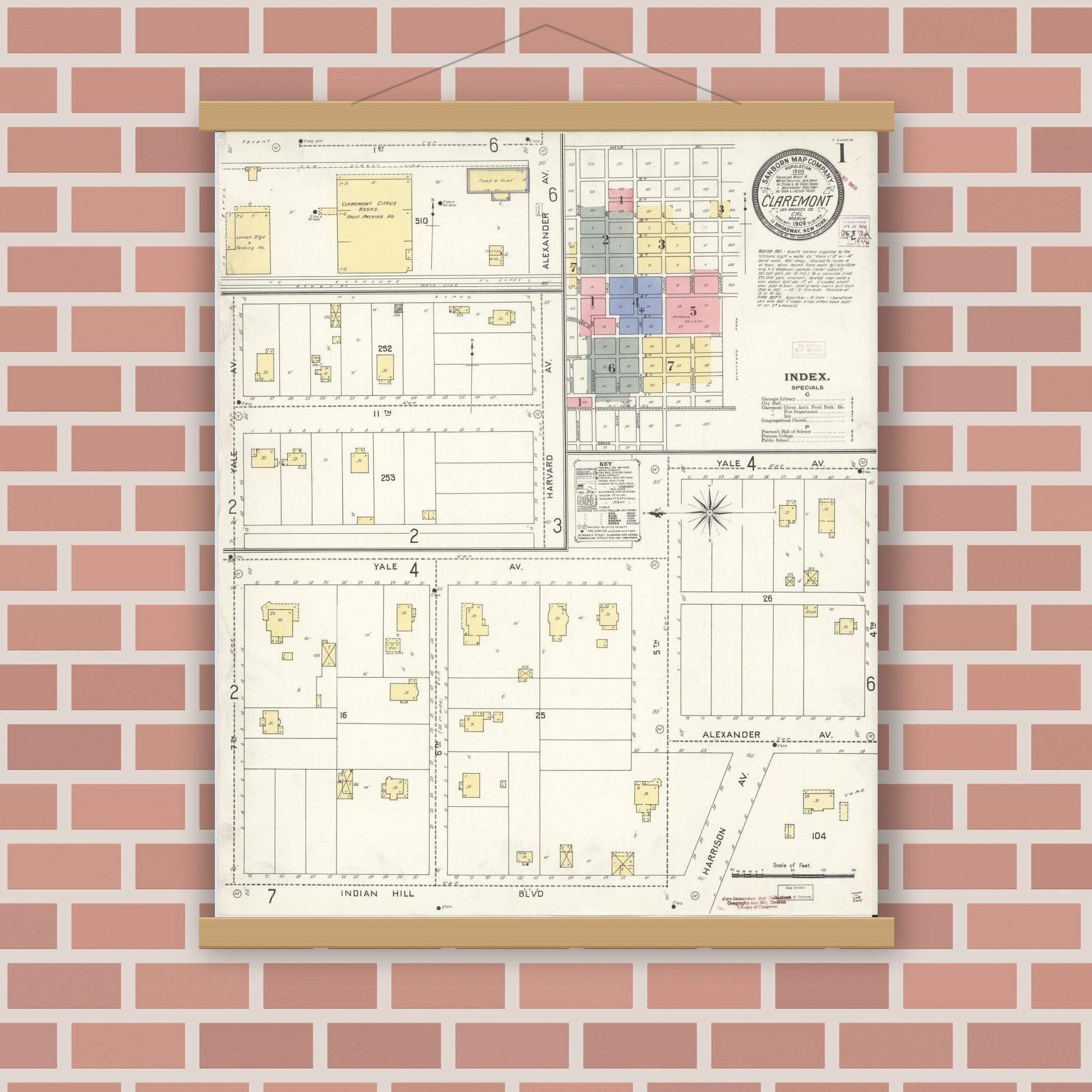 Old map wall art mockup — magnetic wood frame on brick wall — Sanborn Fire Insurance Map from Claremont, Los Angeles County, California (1909), Sheet #0001