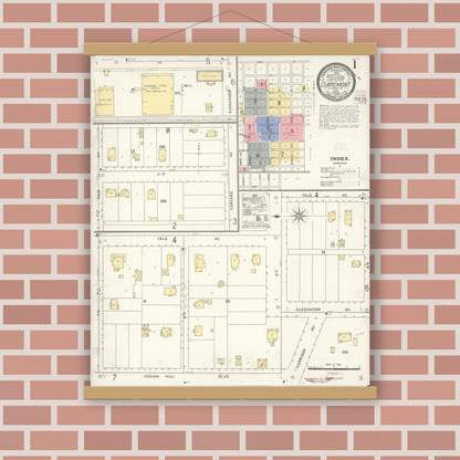 Old map wall art mockup — magnetic wood frame on brick wall — Sanborn Fire Insurance Map from Claremont, Los Angeles County, California (1909), Sheet #0001