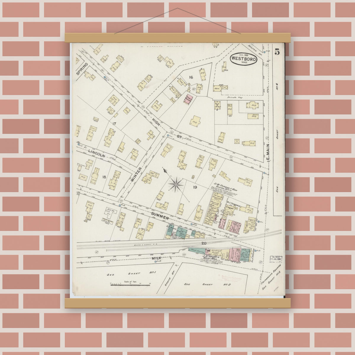 Old map wall art mockup — magnetic wood frame on brick wall — Sanborn Fire Insurance Map from Westboro, Worcester County, Massachusetts (1888), Sheet #0005