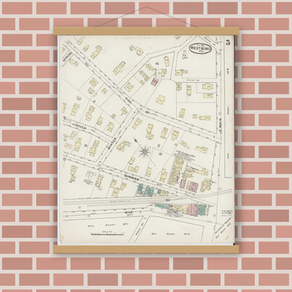 Old map wall art mockup — magnetic wood frame on brick wall — Sanborn Fire Insurance Map from Westboro, Worcester County, Massachusetts (1888), Sheet #0005
