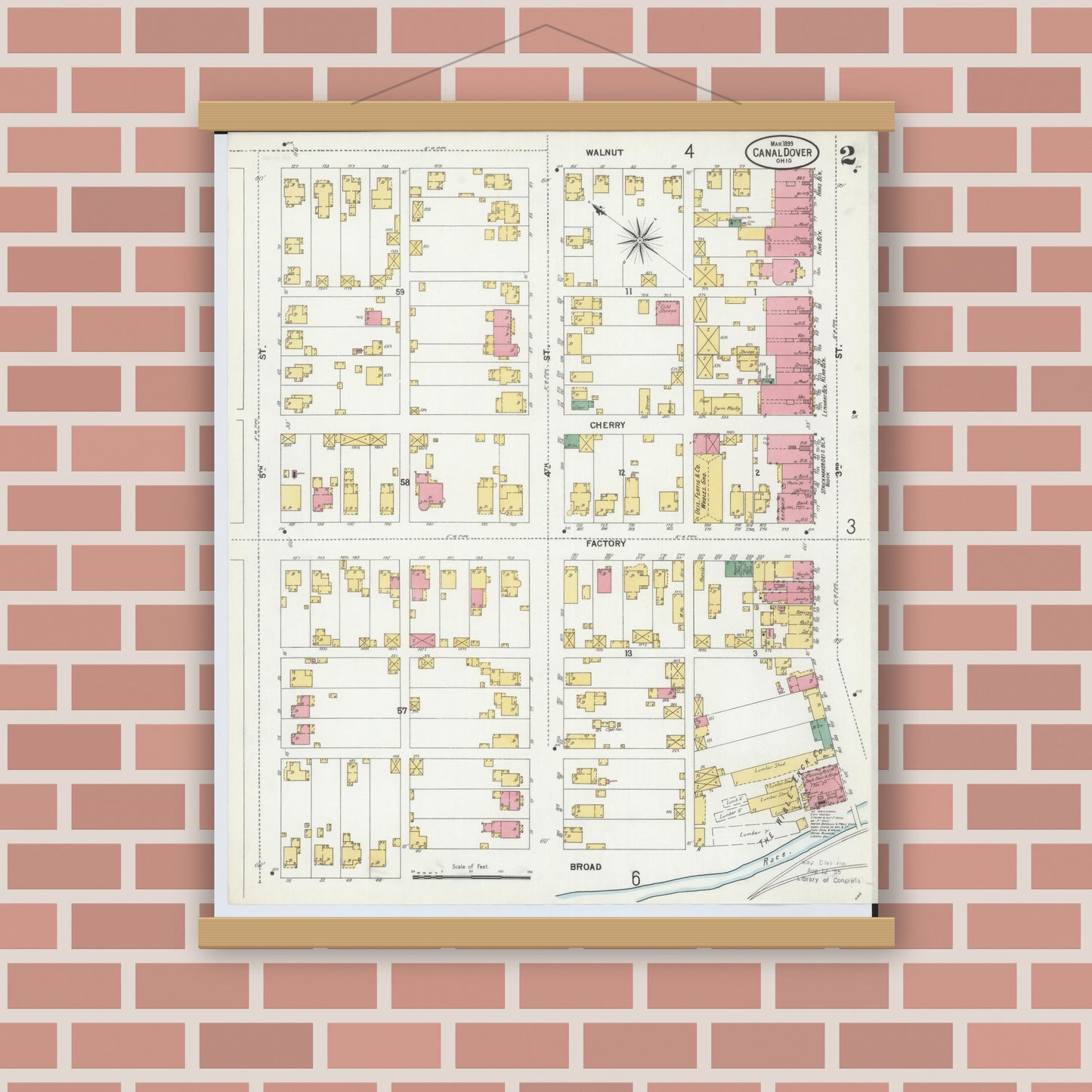 Old map wall art mockup — magnetic wood frame on brick wall — Sanborn Fire Insurance Map from Canal Dover, Tuscarawas County, Ohio (1899), Sheet #0002