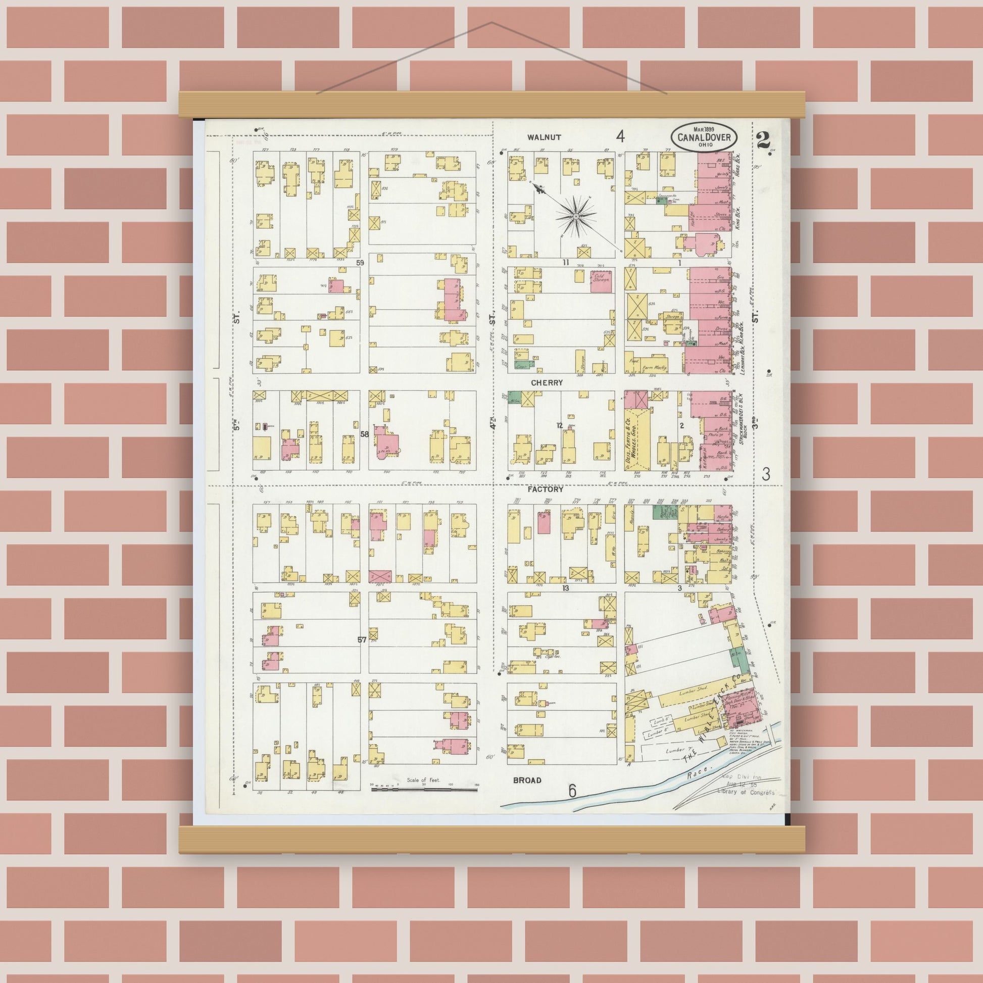 Old map wall art mockup — magnetic wood frame on brick wall — Sanborn Fire Insurance Map from Canal Dover, Tuscarawas County, Ohio (1899), Sheet #0002