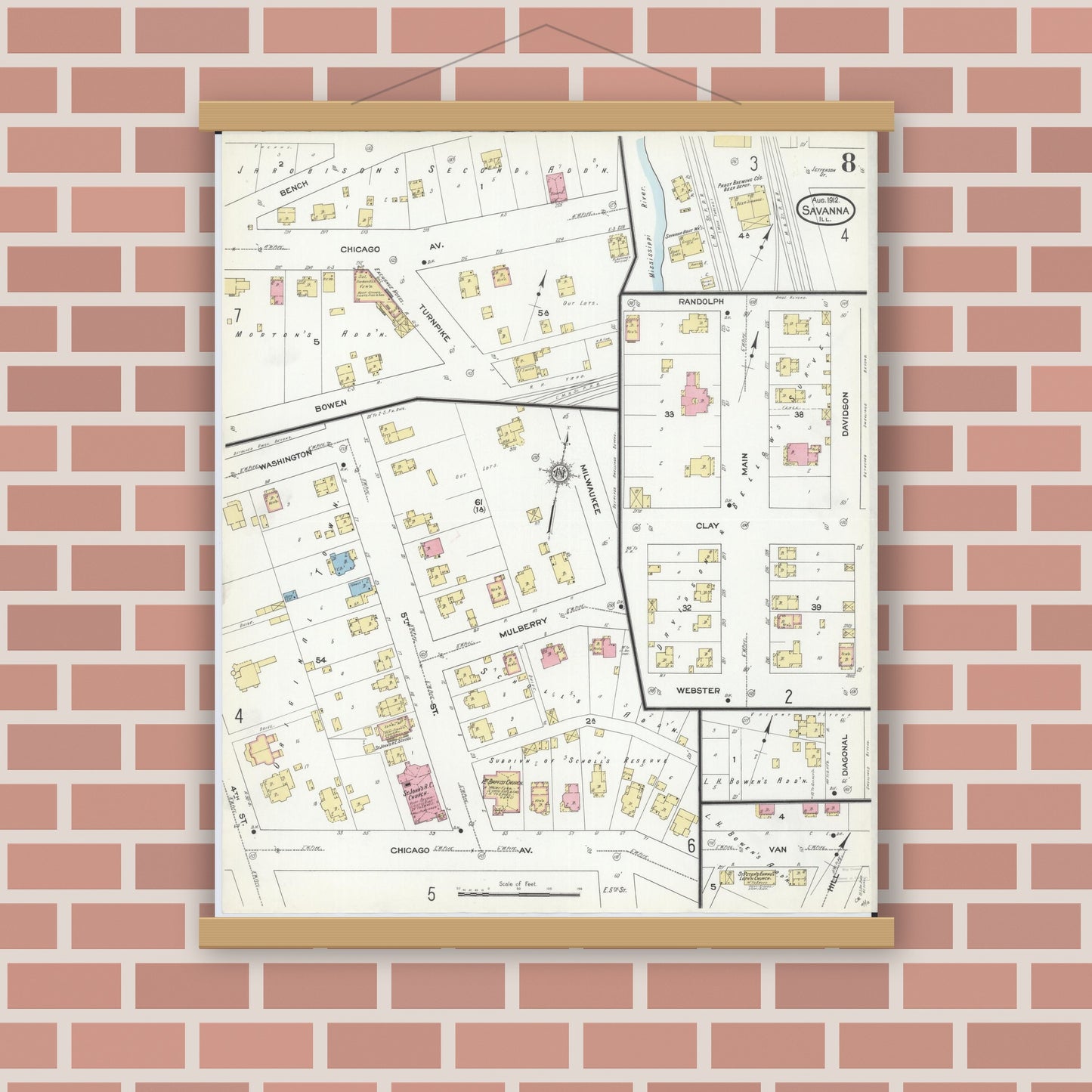 Old map wall art mockup — magnetic wood frame on brick wall — Sanborn Fire Insurance Map from Savanna, Carroll County, Illinois (1912), Sheet #0008