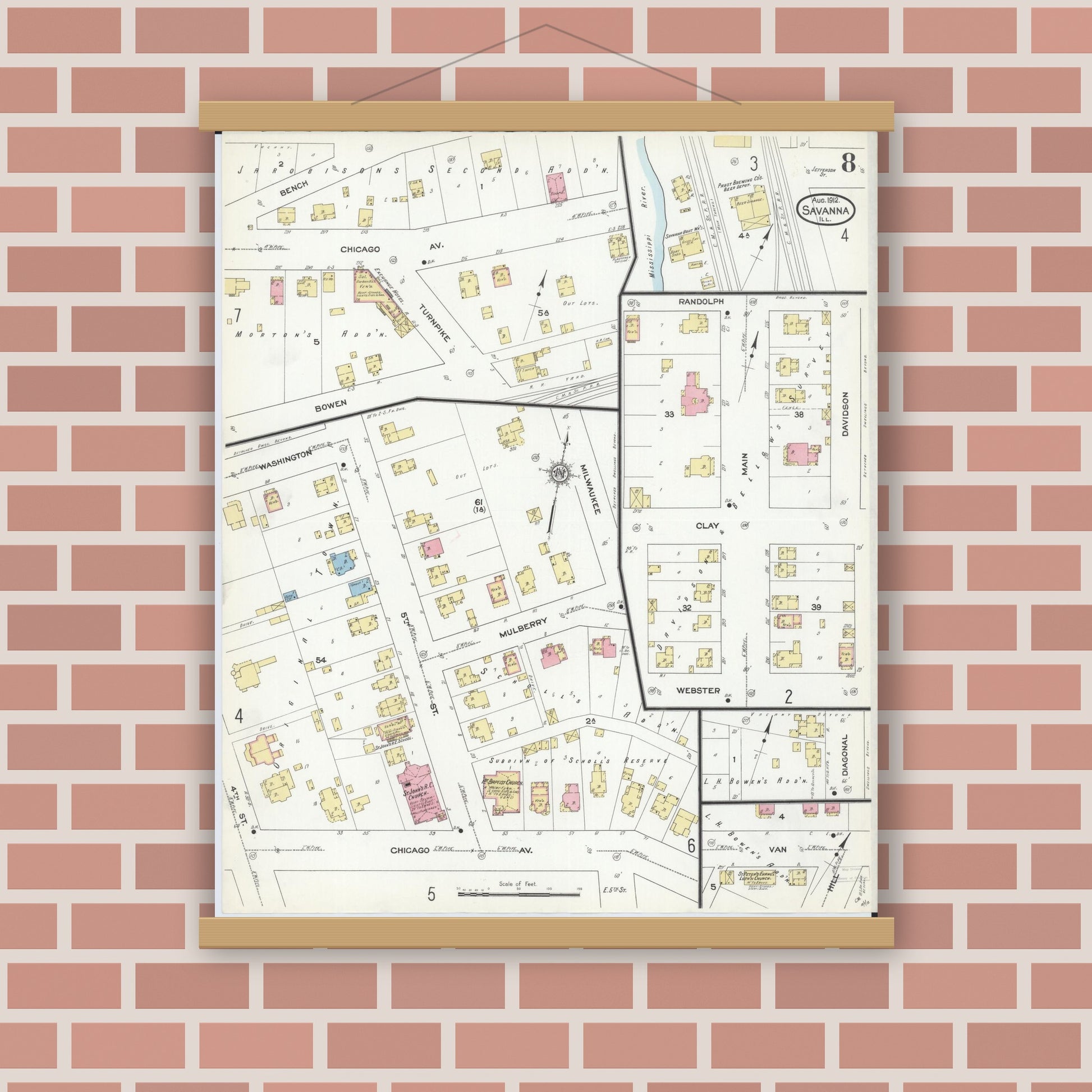 Old map wall art mockup — magnetic wood frame on brick wall — Sanborn Fire Insurance Map from Savanna, Carroll County, Illinois (1912), Sheet #0008