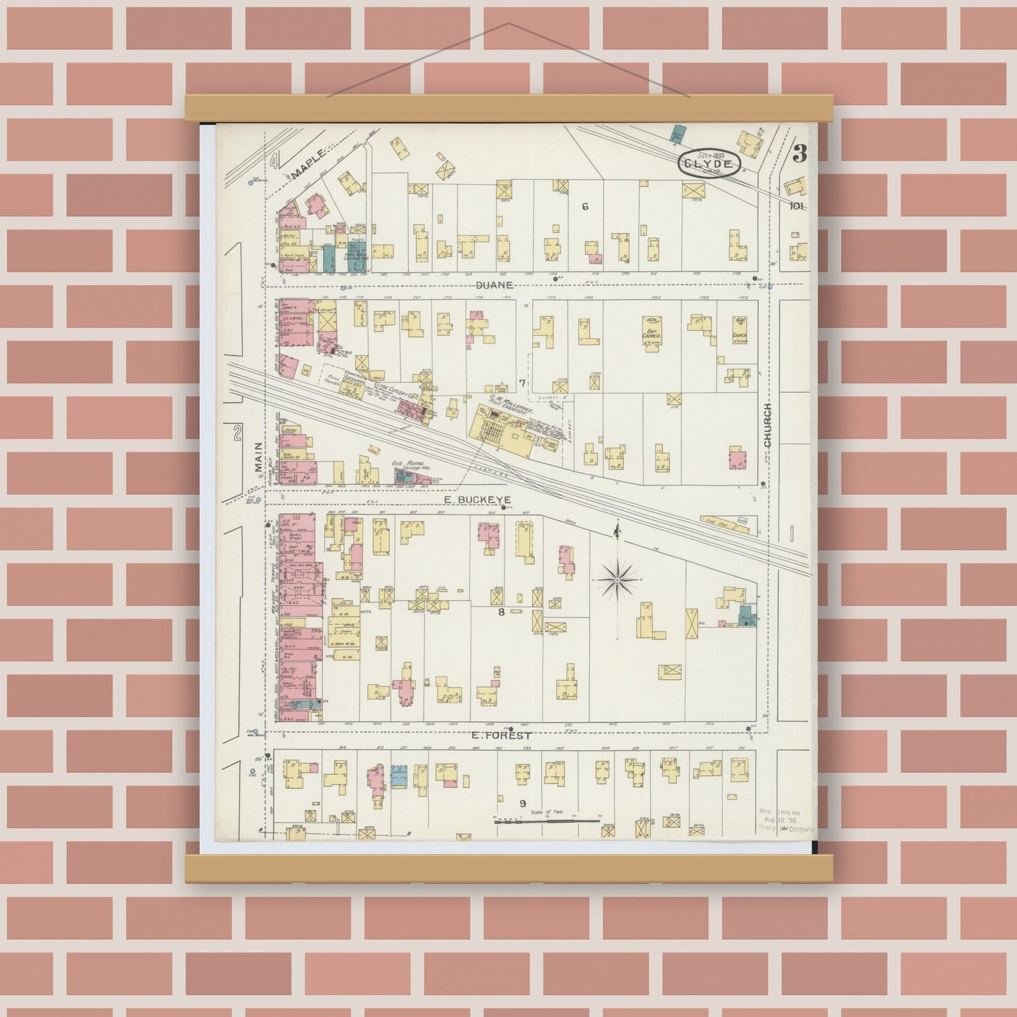 Old map wall art mockup — magnetic wood frame on brick wall — Sanborn Fire Insurance Map from Clyde, Sandusky County, Ohio (1893), Sheet #0003