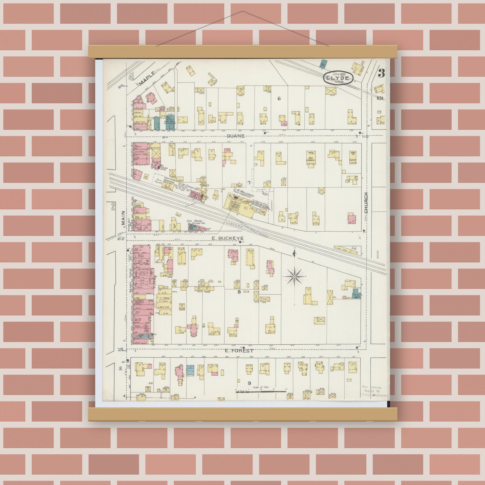 Old map wall art mockup — magnetic wood frame on brick wall — Sanborn Fire Insurance Map from Clyde, Sandusky County, Ohio (1893), Sheet #0003
