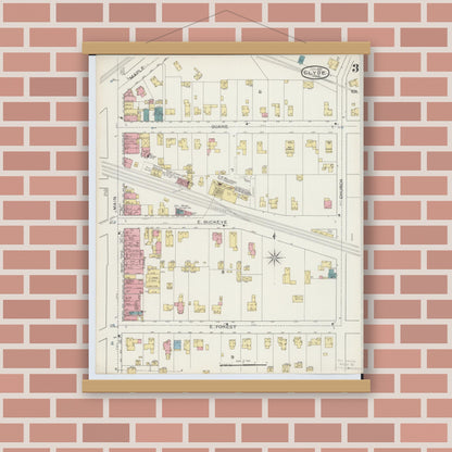 Old map wall art mockup — magnetic wood frame on brick wall — Sanborn Fire Insurance Map from Clyde, Sandusky County, Ohio (1893), Sheet #0003