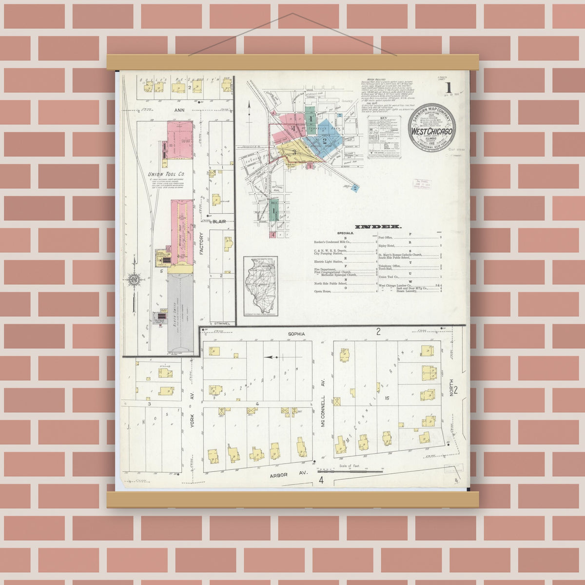 Old map wall art mockup — magnetic wood frame on brick wall — Sanborn Fire Insurance Map from West Chicago, Du Page County, Illinois (1912) - Complete Map Set