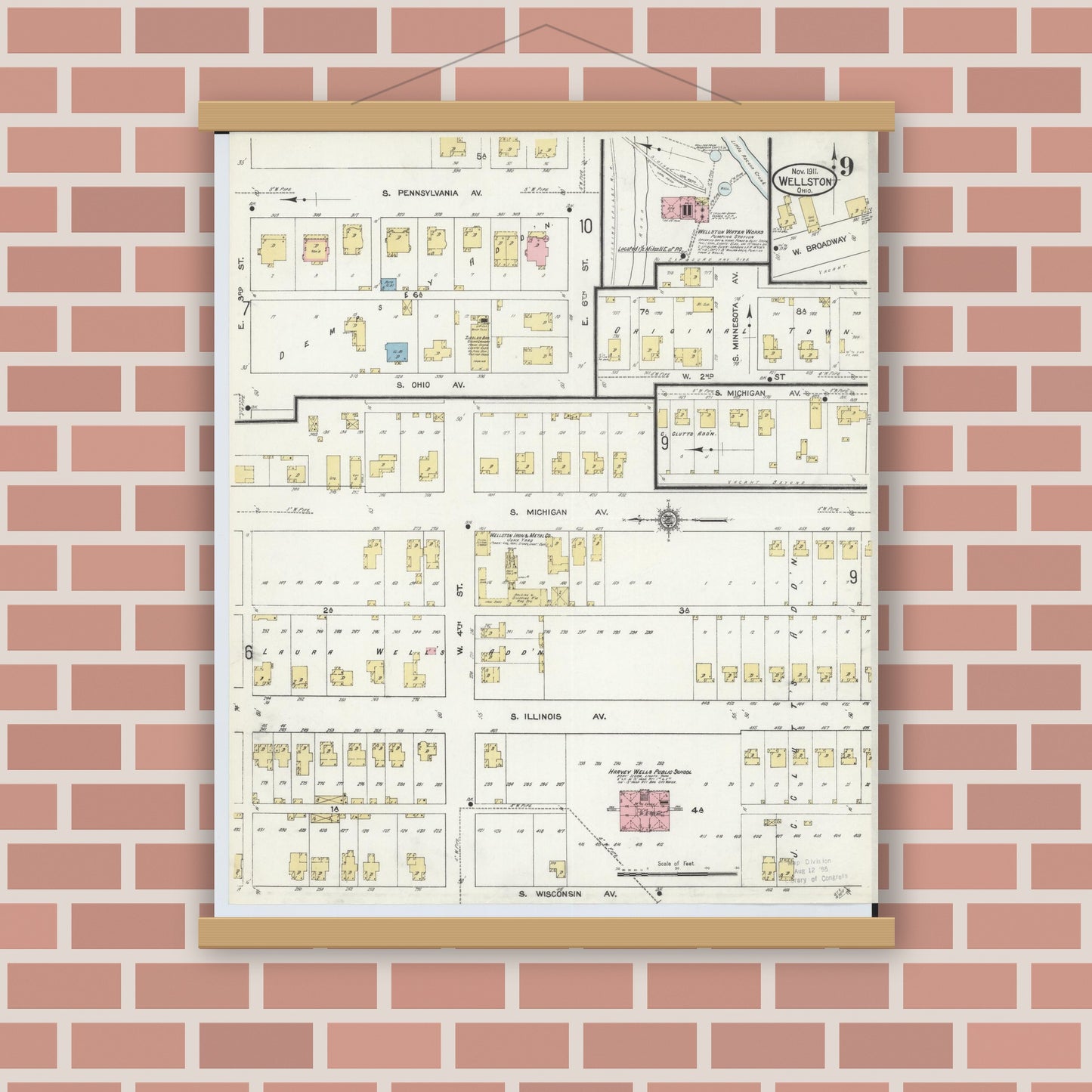 Old map wall art mockup — magnetic wood frame on brick wall — Sanborn Fire Insurance Map from Wellston, Jackson County, Ohio (1911), Sheet #0009