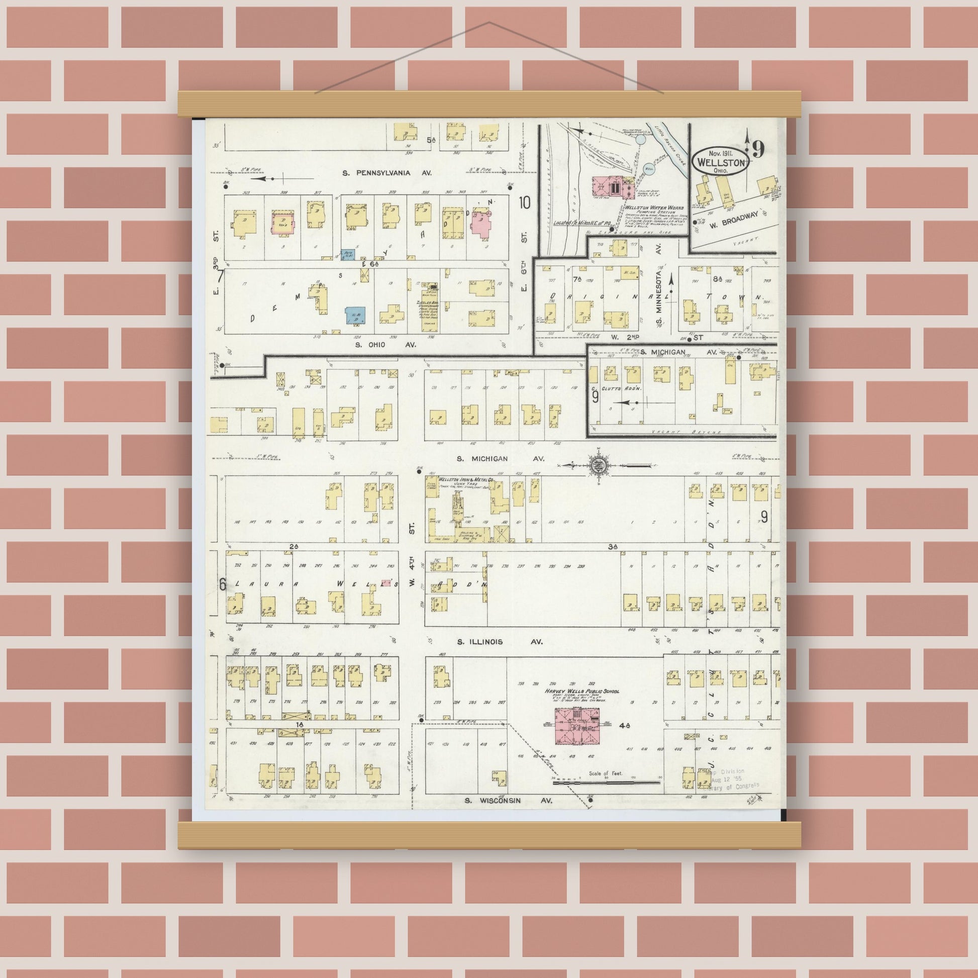 Old map wall art mockup — magnetic wood frame on brick wall — Sanborn Fire Insurance Map from Wellston, Jackson County, Ohio (1911), Sheet #0009
