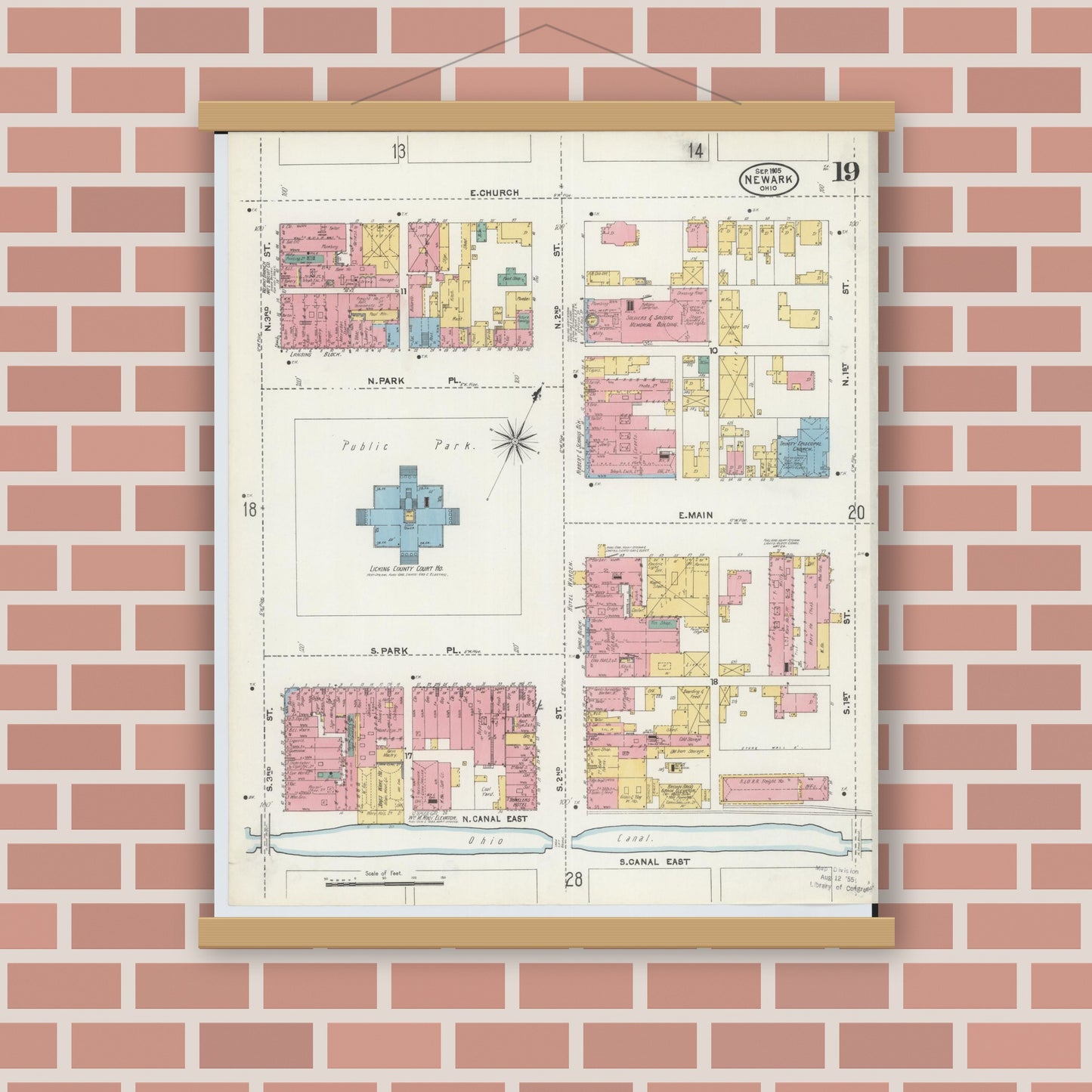 Old map wall art mockup — magnetic wood frame on brick wall — Sanborn Fire Insurance Map from Newark, Licking County, Ohio (1905), Sheet #0019