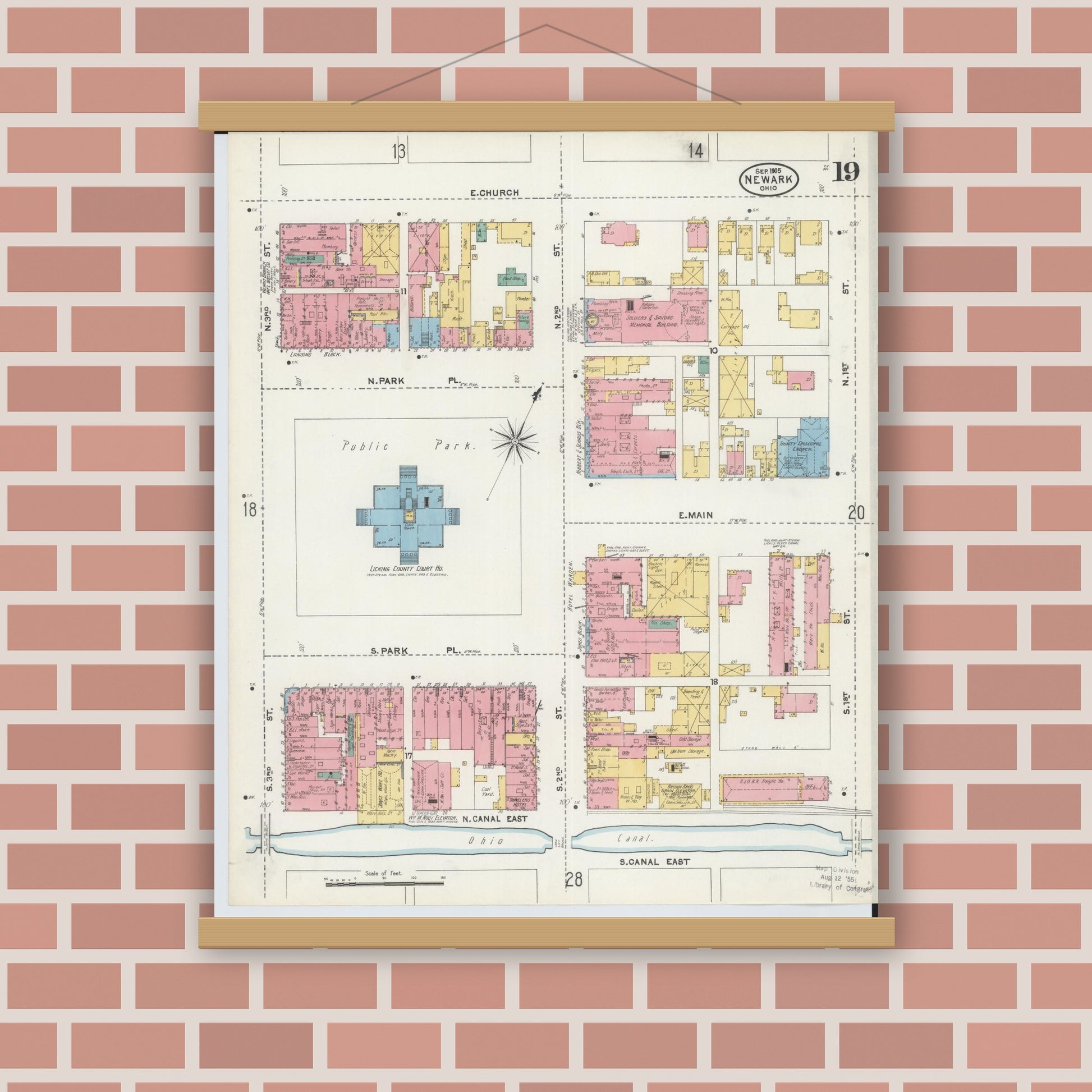 Old map wall art mockup — magnetic wood frame on brick wall — Sanborn Fire Insurance Map from Newark, Licking County, Ohio (1905), Sheet #0019