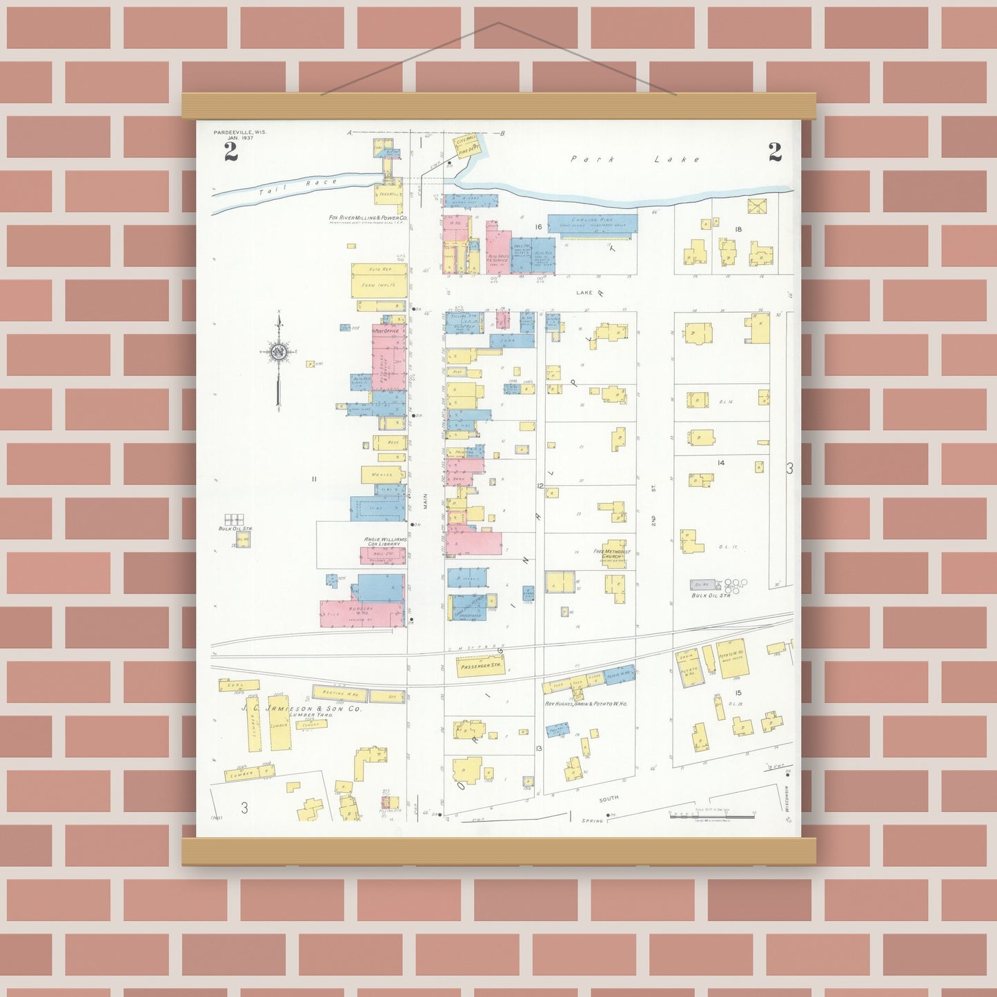 Old map wall art mockup — magnetic wood frame on brick wall — Sanborn Fire Insurance Map from Pardeeville, Columbia County, Wisconsin (1937), Sheet #0002