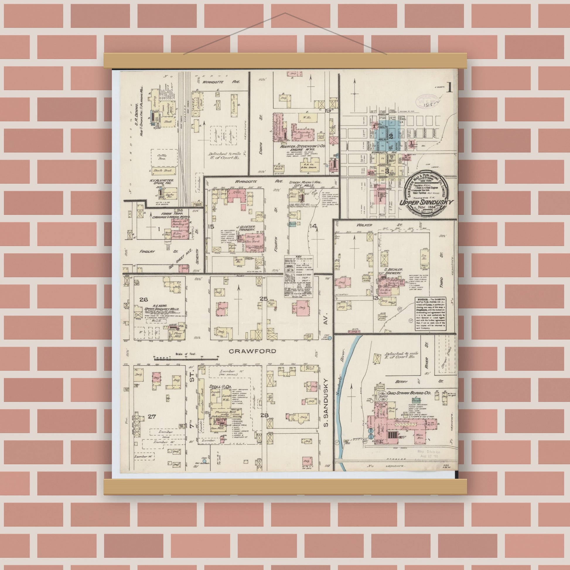 Old map wall art mockup — magnetic wood frame on brick wall — Sanborn Fire Insurance Map from Upper Sandusky, Wyandot County, Ohio (1884) - Complete Map Set