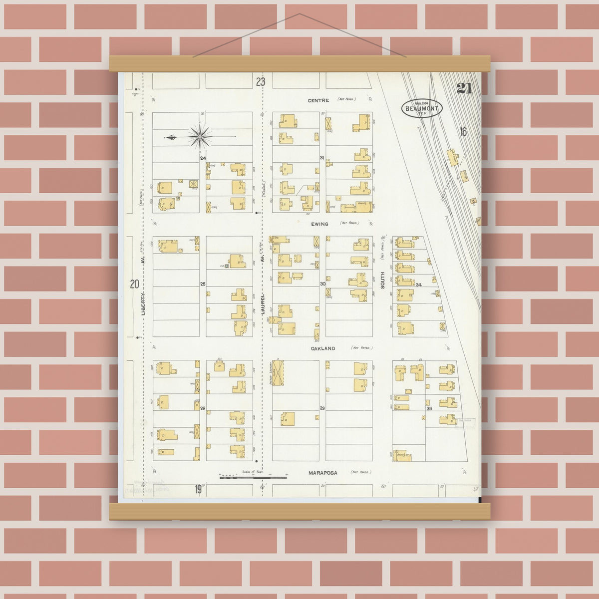 Old map wall art mockup — magnetic wood frame on brick wall — Sanborn Fire Insurance Map from Beaumont, Jefferson County, Texas (1904), Sheet #0021