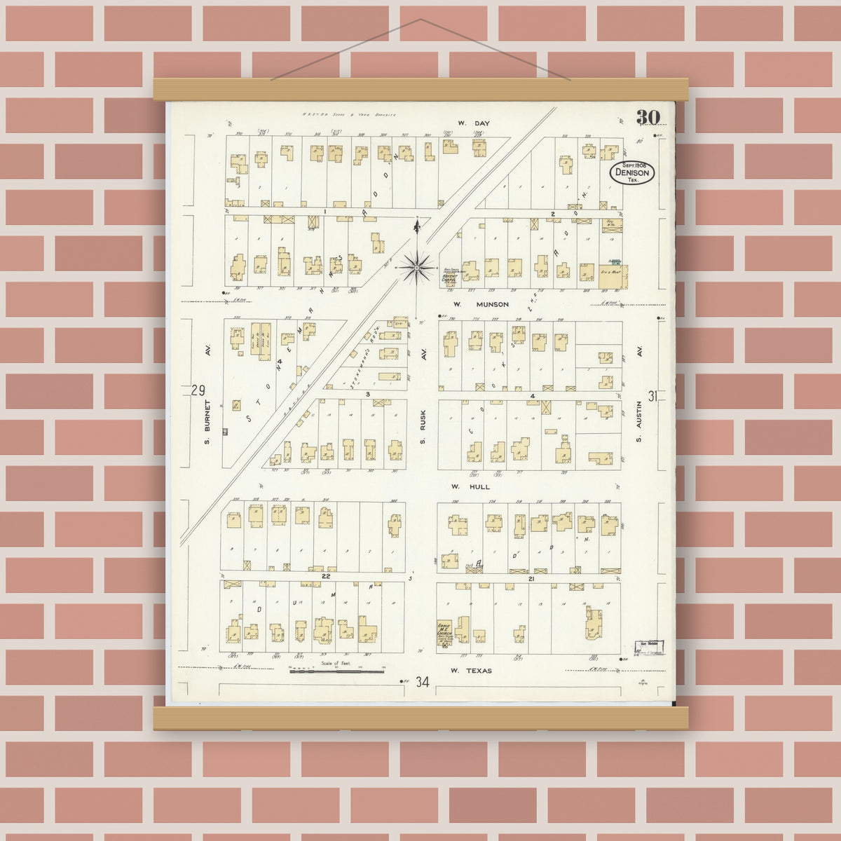 Old map wall art mockup — magnetic wood frame on brick wall — Sanborn Fire Insurance Map from Denison, Grayson County, Texas (1908), Sheet #0030