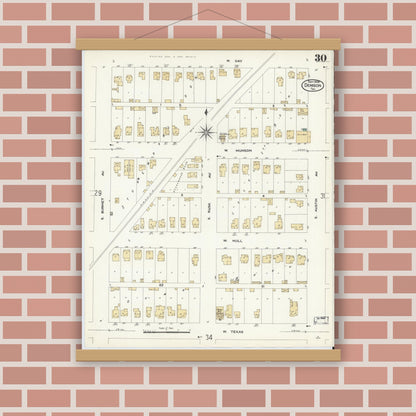 Old map wall art mockup — magnetic wood frame on brick wall — Sanborn Fire Insurance Map from Denison, Grayson County, Texas (1908), Sheet #0030
