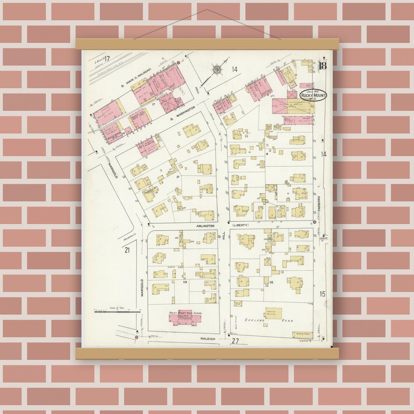 Old map wall art mockup — magnetic wood frame on brick wall — Sanborn Fire Insurance Map from Rocky Mount, Edgecombe And Nash Counties, North Carolina (1912), Sheet #0018