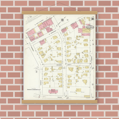 Old map wall art mockup — magnetic wood frame on brick wall — Sanborn Fire Insurance Map from Rocky Mount, Edgecombe And Nash Counties, North Carolina (1912), Sheet #0018