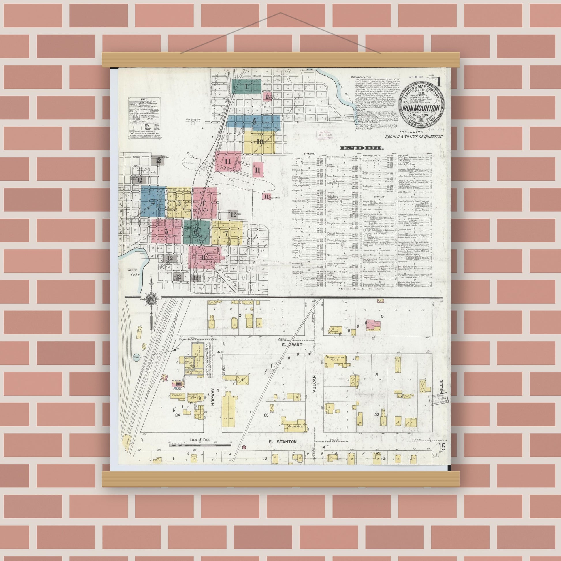 Old map wall art mockup — magnetic wood frame on brick wall — Sanborn Fire Insurance Map from Iron Mountain, Dickinson County, Michigan (1911) - Complete Map Set