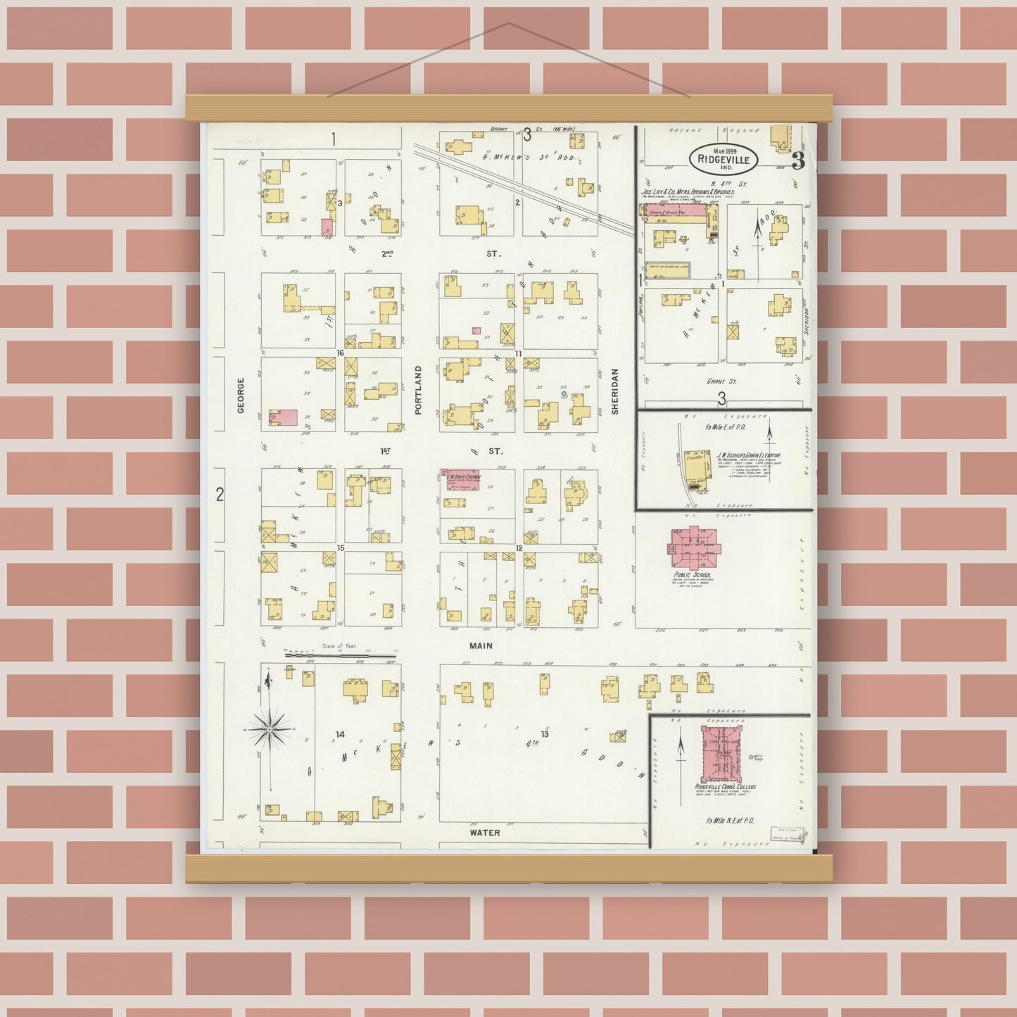 Old map wall art mockup — magnetic wood frame on brick wall — Sanborn Fire Insurance Map from Ridgeville, Randolph County, Indiana (1899), Sheet #0003