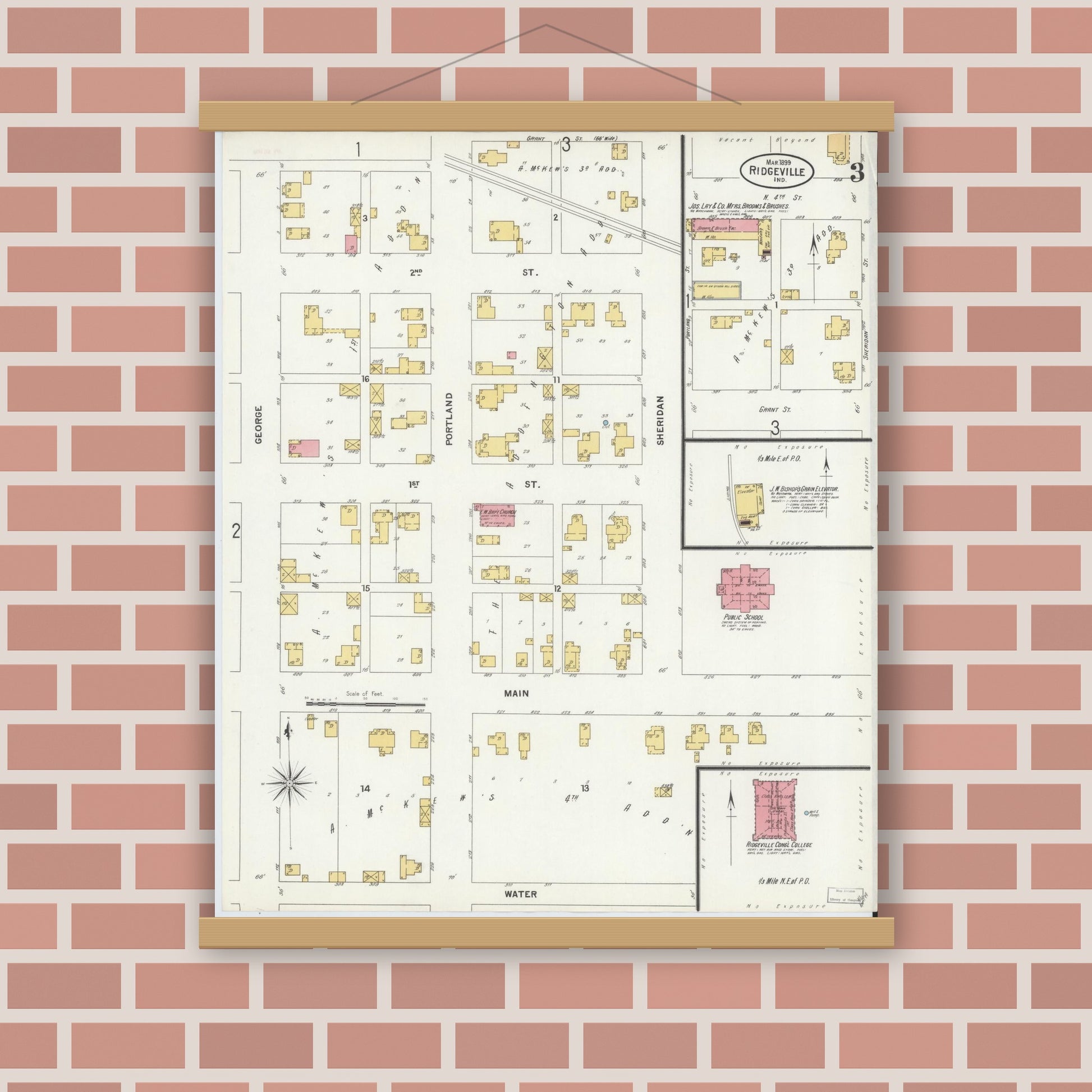 Old map wall art mockup — magnetic wood frame on brick wall — Sanborn Fire Insurance Map from Ridgeville, Randolph County, Indiana (1899), Sheet #0003