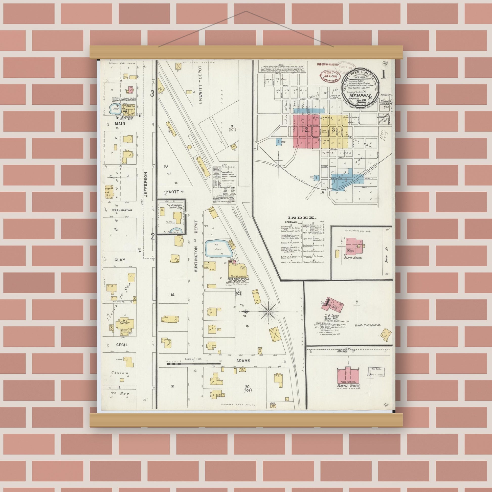 Old map wall art mockup — magnetic wood frame on brick wall — Sanborn Fire Insurance Map from Memphis, Scotland County, Missouri (1898) - Complete Map Set