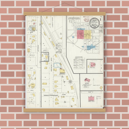 Old map wall art mockup — magnetic wood frame on brick wall — Sanborn Fire Insurance Map from Memphis, Scotland County, Missouri (1898) - Complete Map Set