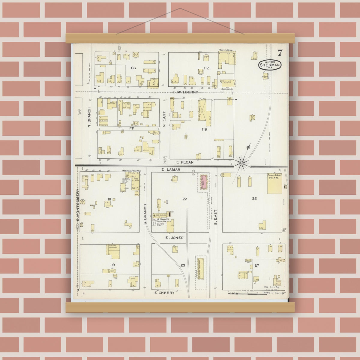 Old map wall art mockup — magnetic wood frame on brick wall — Sanborn Fire Insurance Map from Sherman, Grayson County, Texas (1892), Sheet #0007