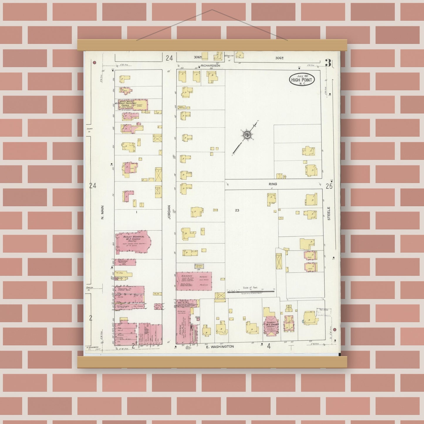 Old map wall art mockup — magnetic wood frame on brick wall — Sanborn Fire Insurance Map from High Point, Guilford County, North Carolina (1917), Sheet #0003