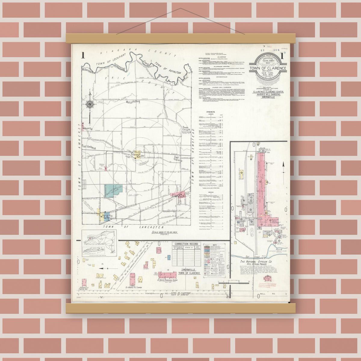 Old map wall art mockup — magnetic wood frame on brick wall — Sanborn Fire Insurance Map from Clarence, Erie County, New York (1946), Sheet #0001
