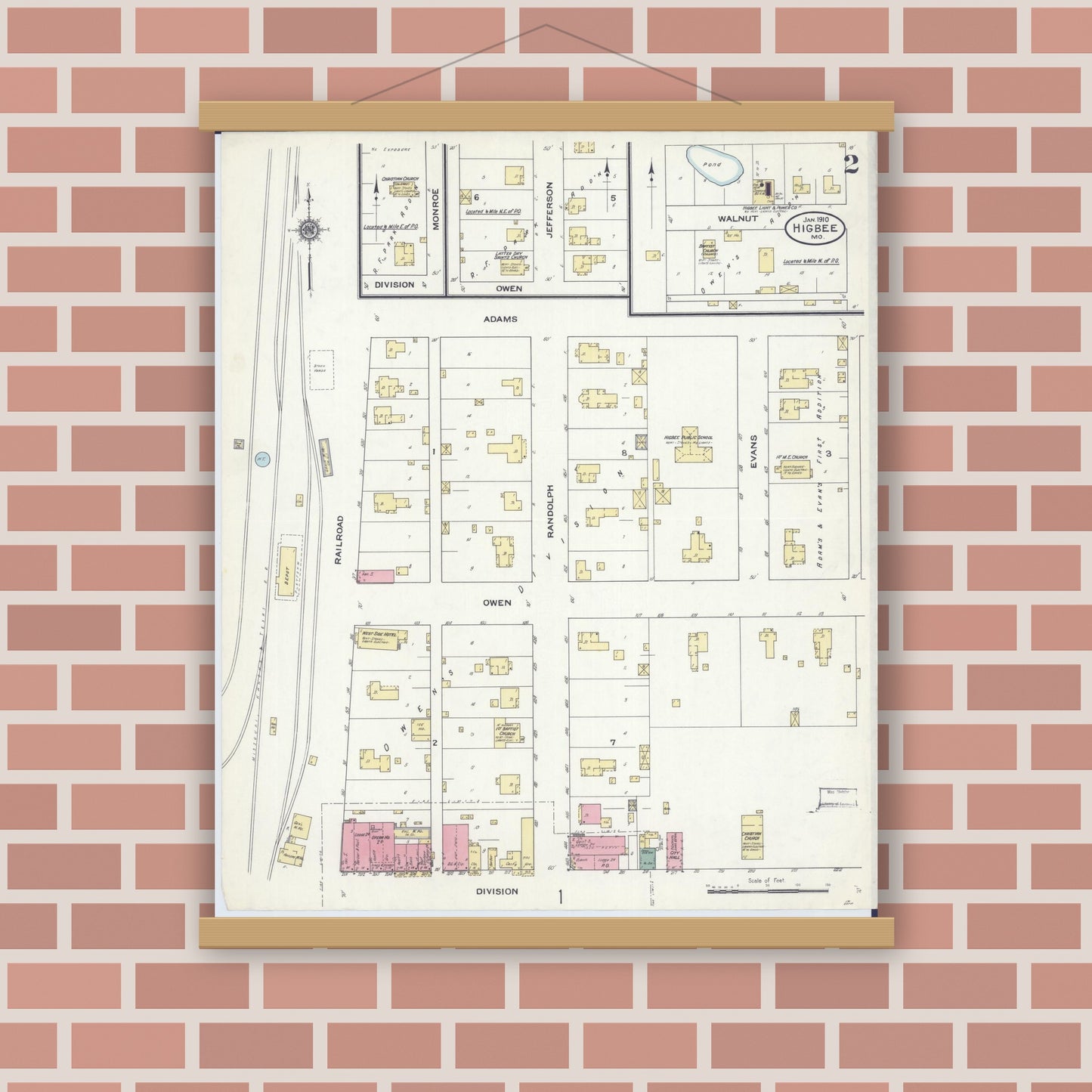 Old map wall art mockup — magnetic wood frame on brick wall — Sanborn Fire Insurance Map from Higbee, Randolph County, Missouri (1910), Sheet #0002