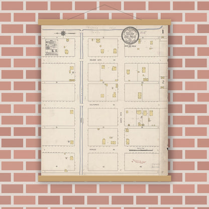 Old map wall art mockup — magnetic wood frame on brick wall — Sanborn Fire Insurance Map from Dos Palos, Merced County, California (1910), Sheet #0001