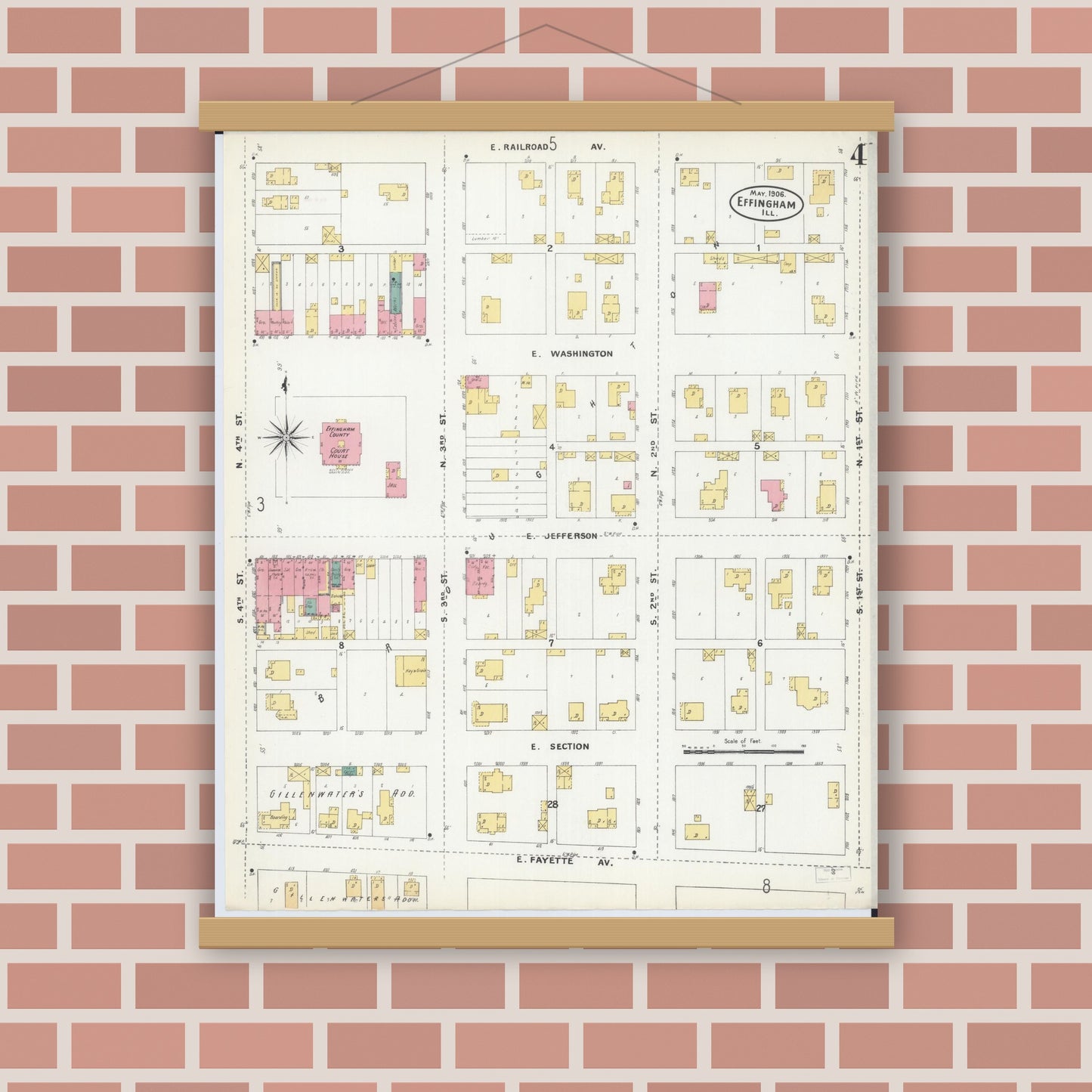Old map wall art mockup — magnetic wood frame on brick wall — Sanborn Fire Insurance Map from Effingham, Effingham County, Illinois (1906), Sheet #0004