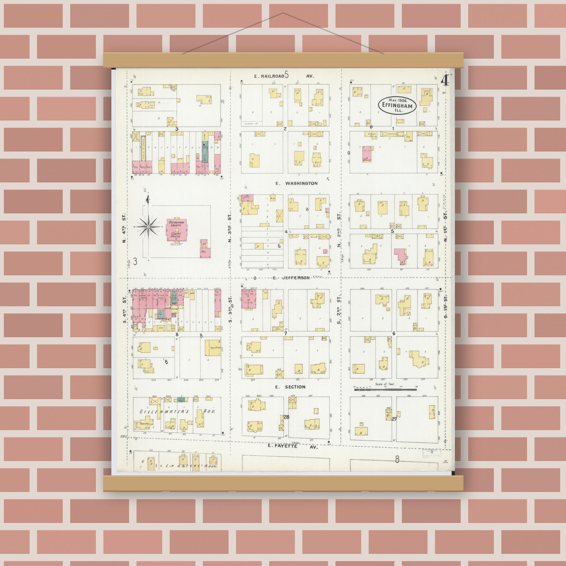 Old map wall art mockup — magnetic wood frame on brick wall — Sanborn Fire Insurance Map from Effingham, Effingham County, Illinois (1906), Sheet #0004