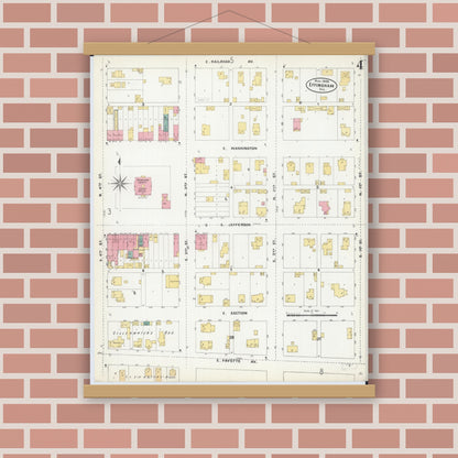 Old map wall art mockup — magnetic wood frame on brick wall — Sanborn Fire Insurance Map from Effingham, Effingham County, Illinois (1906), Sheet #0004
