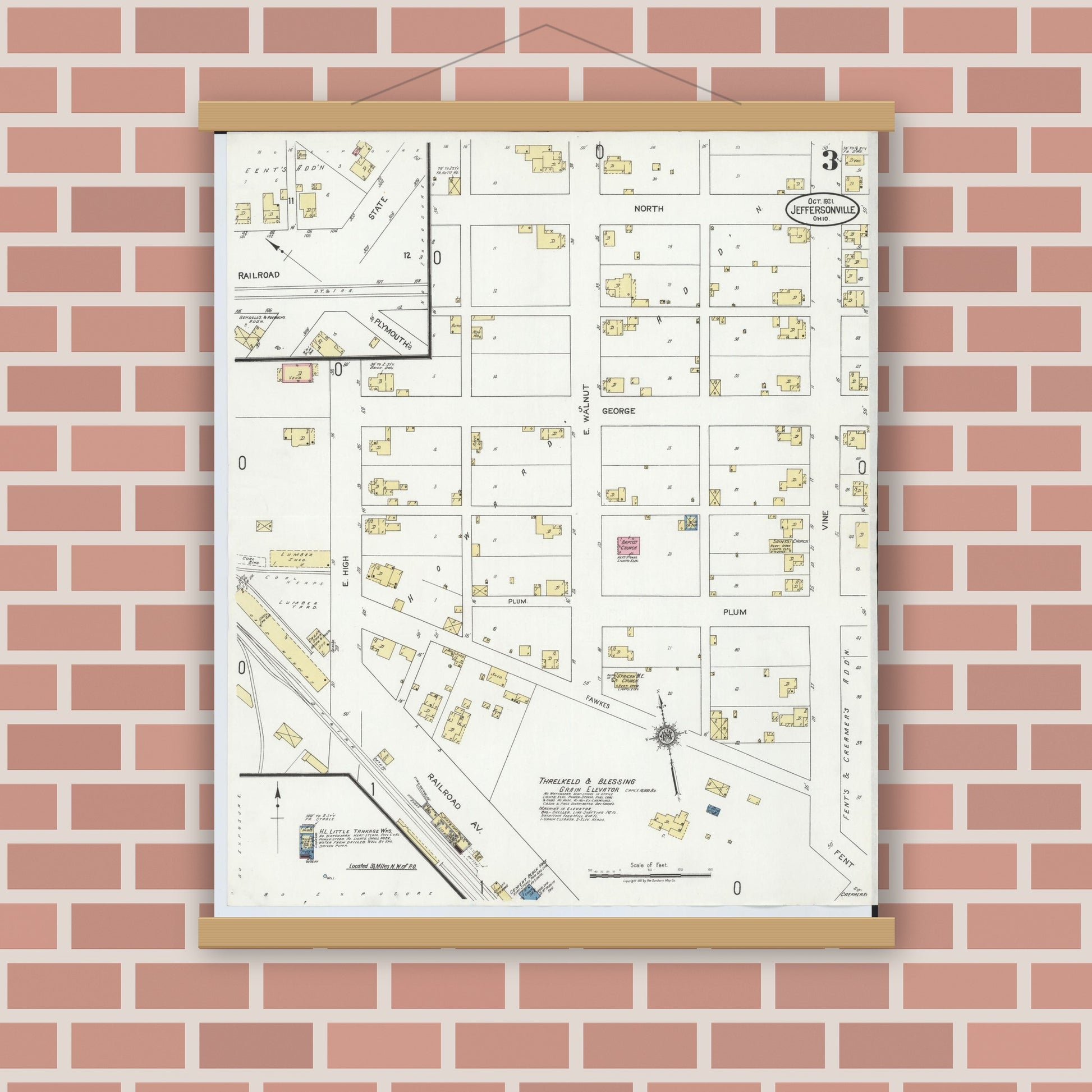 Old map wall art mockup — magnetic wood frame on brick wall — Sanborn Fire Insurance Map from Jeffersonville, Fayette County, Ohio (1921), Sheet #0003