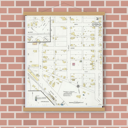 Old map wall art mockup — magnetic wood frame on brick wall — Sanborn Fire Insurance Map from Jeffersonville, Fayette County, Ohio (1921), Sheet #0003