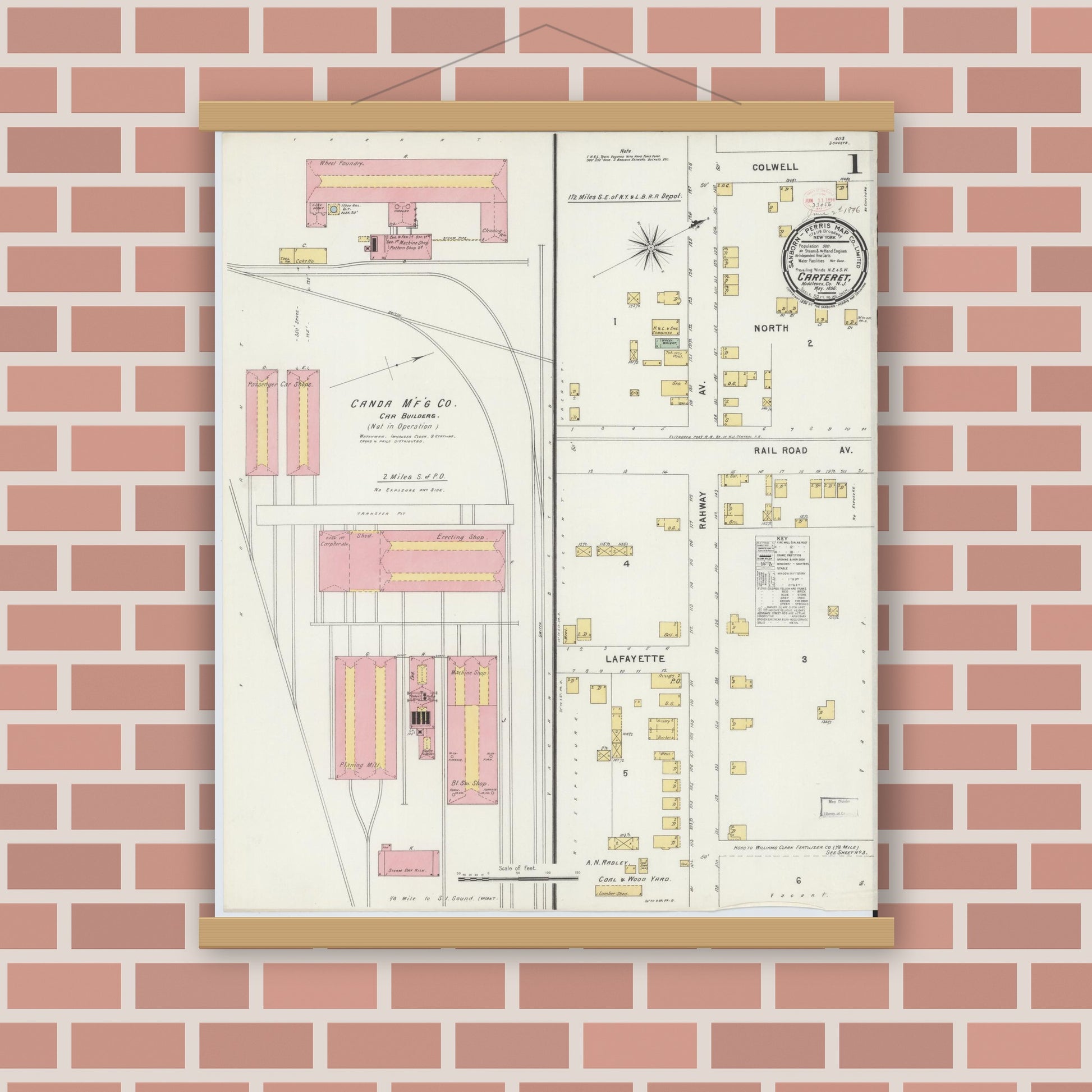 Old map wall art mockup — magnetic wood frame on brick wall — Sanborn Fire Insurance Map from Carteret, Middlesex County, New Jersey (1896) - Complete Map Set