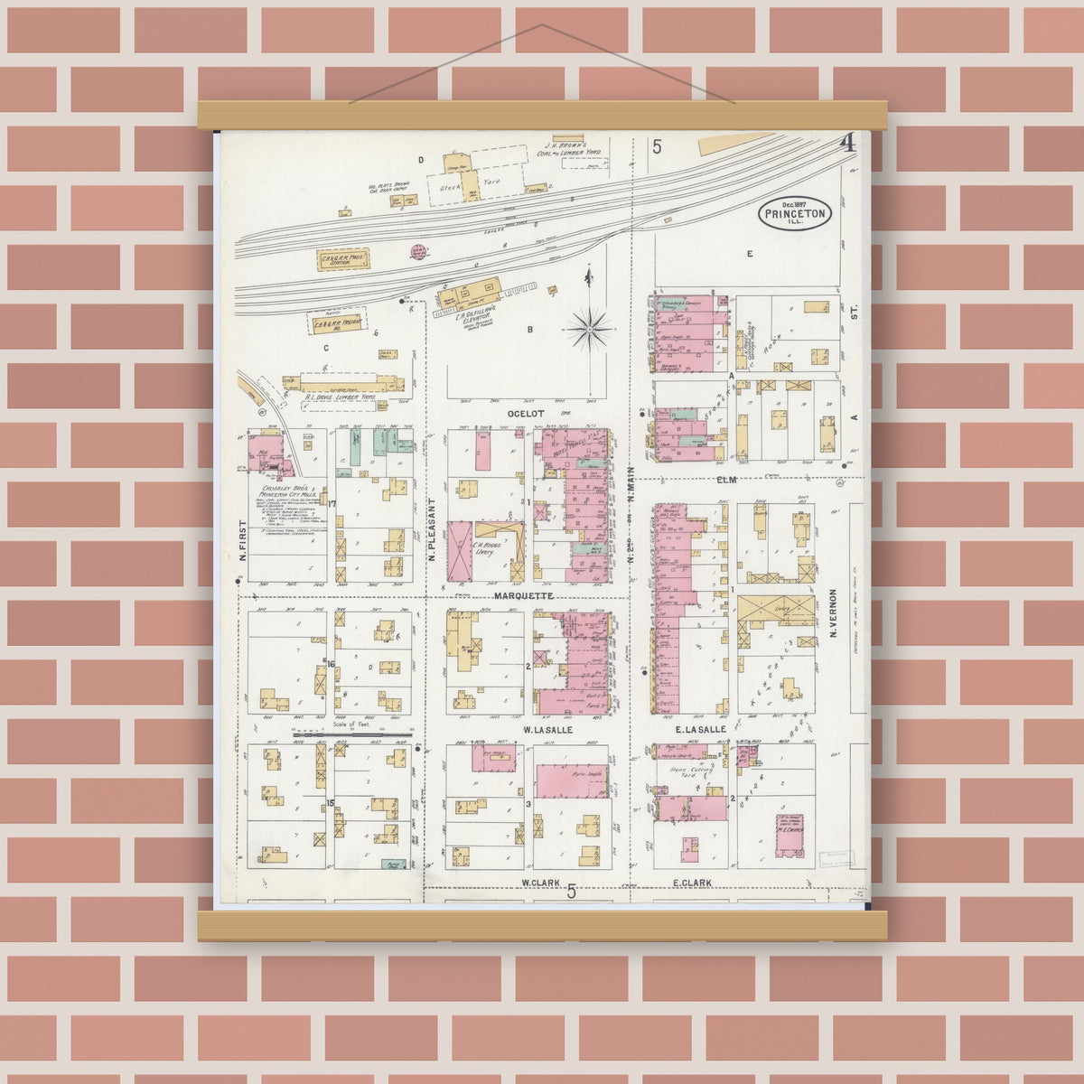 Old map wall art mockup — magnetic wood frame on brick wall — Sanborn Fire Insurance Map from Princeton, Bureau County, Illinois (1897), Sheet #0004