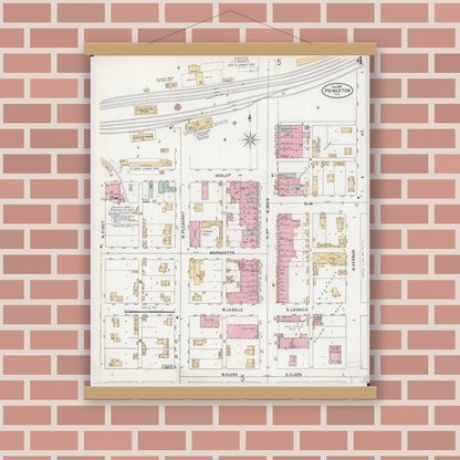Old map wall art mockup — magnetic wood frame on brick wall — Sanborn Fire Insurance Map from Princeton, Bureau County, Illinois (1897), Sheet #0004