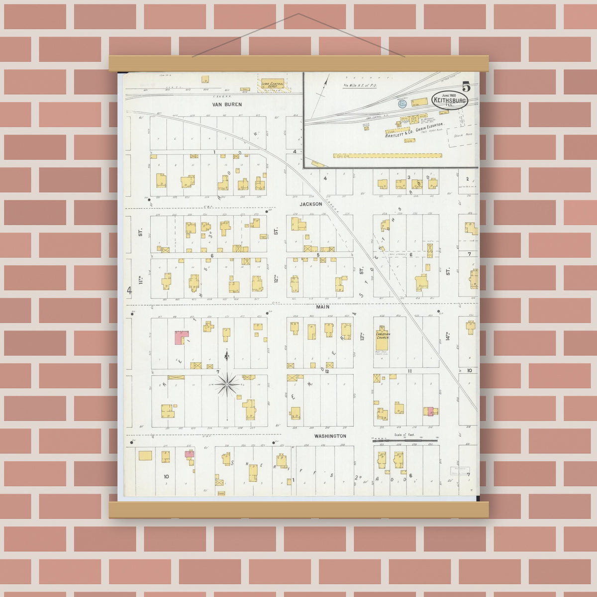 Old map wall art mockup — magnetic wood frame on brick wall — Sanborn Fire Insurance Map from Keithsburg, Mercer County, Illinois (1900), Sheet #0005