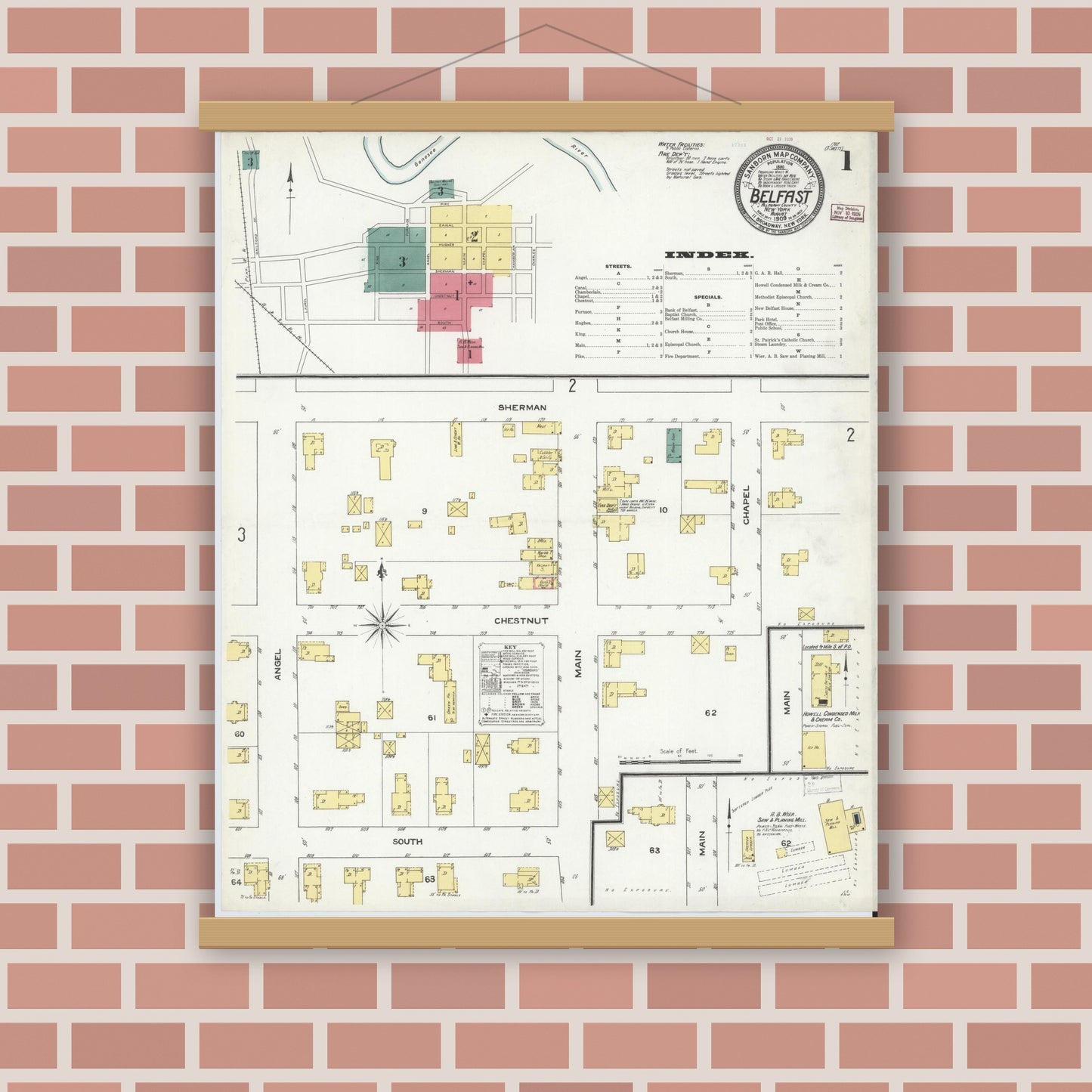 Old map wall art mockup — magnetic wood frame on brick wall — Sanborn Fire Insurance Map from Belfast, Allegany County, New York (1909) - Complete Map Set