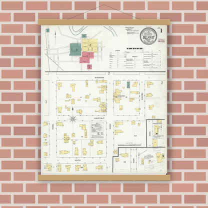 Old map wall art mockup — magnetic wood frame on brick wall — Sanborn Fire Insurance Map from Belfast, Allegany County, New York (1909) - Complete Map Set