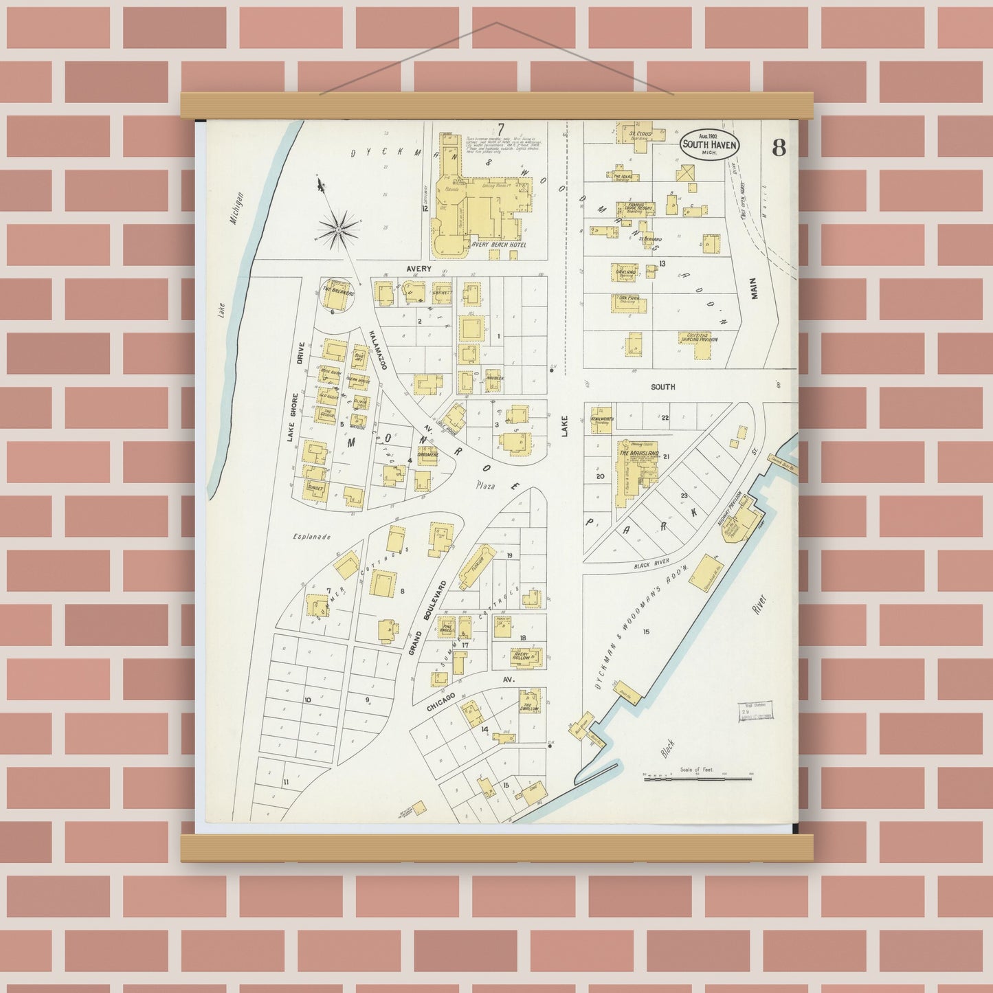 Old map wall art mockup — magnetic wood frame on brick wall — Sanborn Fire Insurance Map from South Haven, Van Buren County, Michigan (1902), Sheet #0008