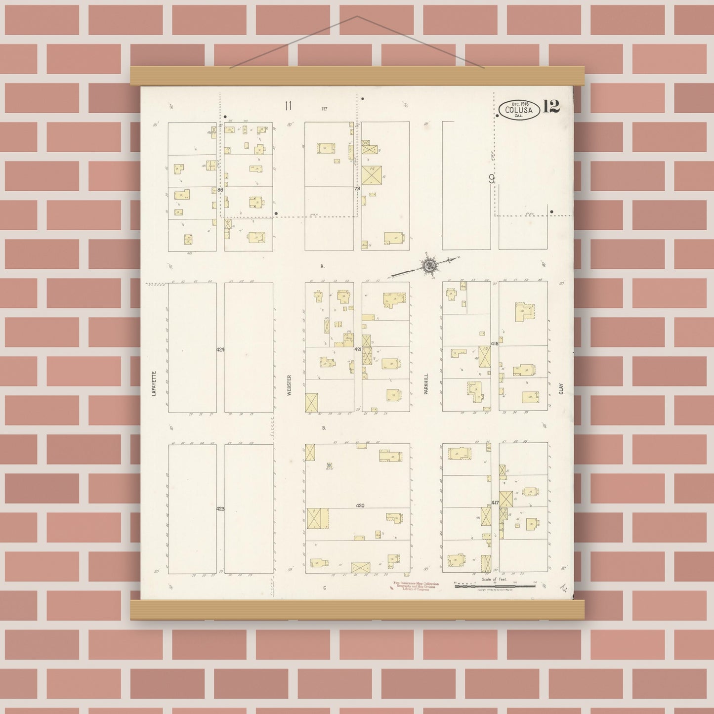 Old map wall art mockup — magnetic wood frame on brick wall — Sanborn Fire Insurance Map from Colusa, Colusa County, California (1918), Sheet #0012