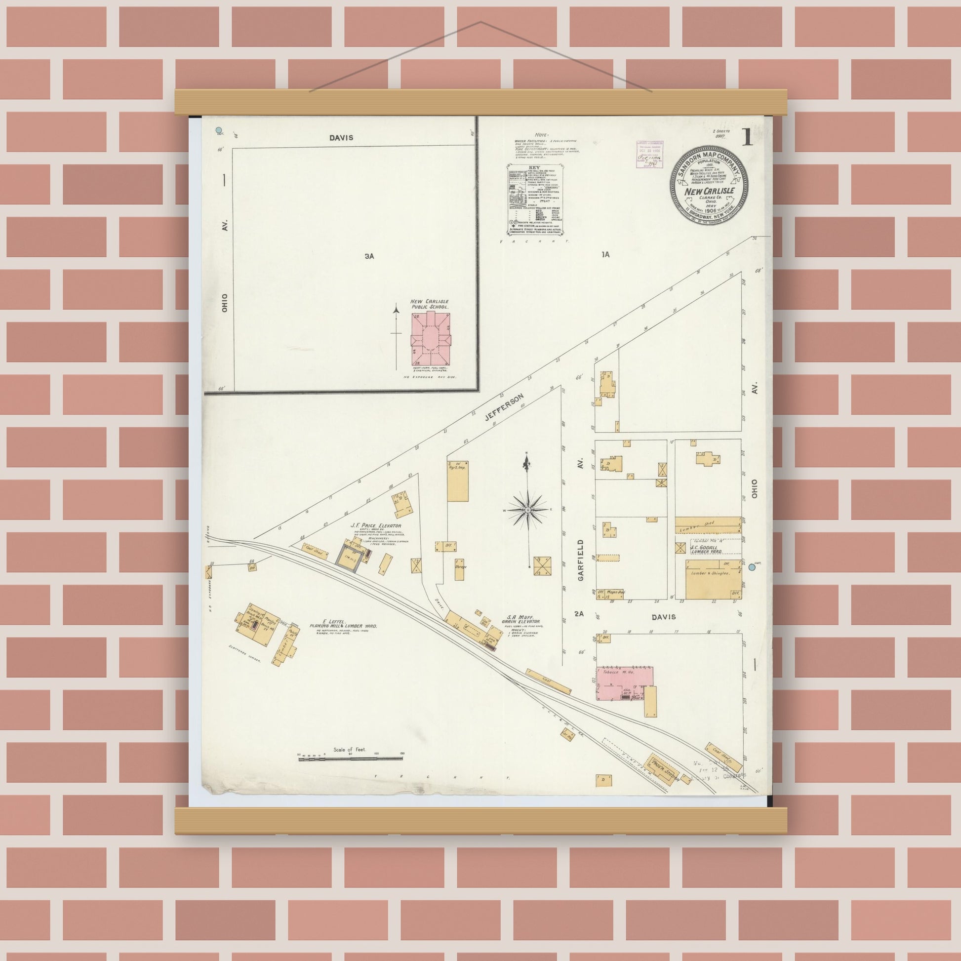 Old map wall art mockup — magnetic wood frame on brick wall — Sanborn Fire Insurance Map from New Carlisle, Clarke County, Ohio (1906), Sheet #0001