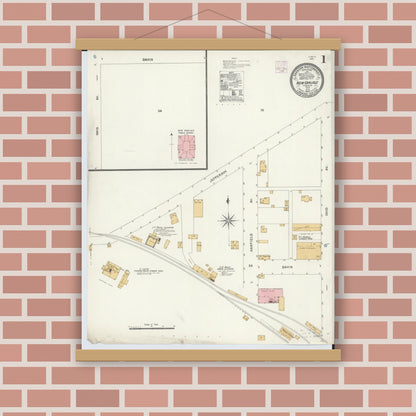 Old map wall art mockup — magnetic wood frame on brick wall — Sanborn Fire Insurance Map from New Carlisle, Clarke County, Ohio (1906), Sheet #0001