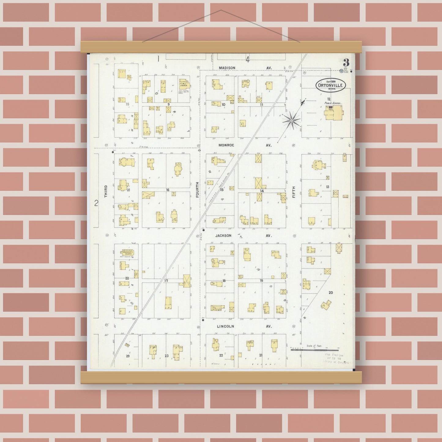 Old map wall art mockup — magnetic wood frame on brick wall — Sanborn Fire Insurance Map from Ortonville, Big Stone County, Minnesota (1899), Sheet #0003